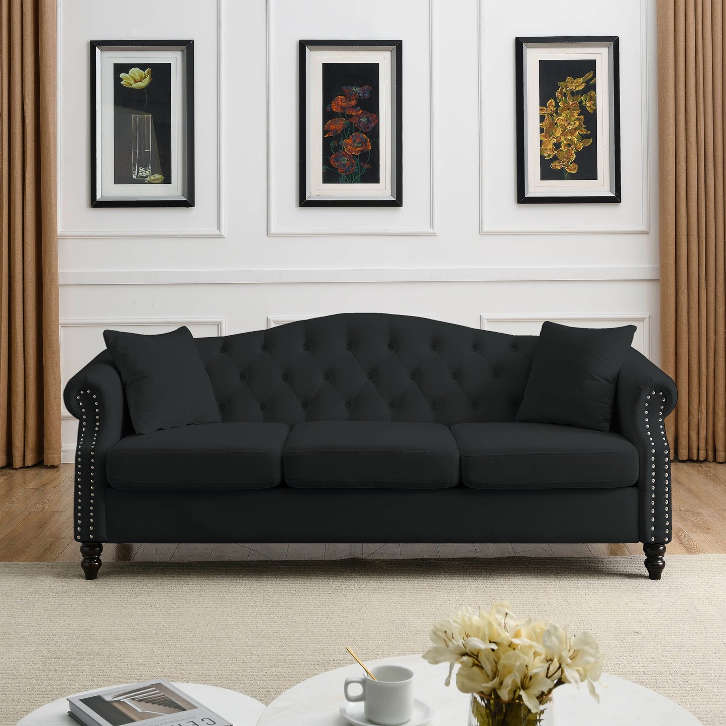 79" Chesterfield Sofa Black Velvet for Living Room, 3 Seater Sofa