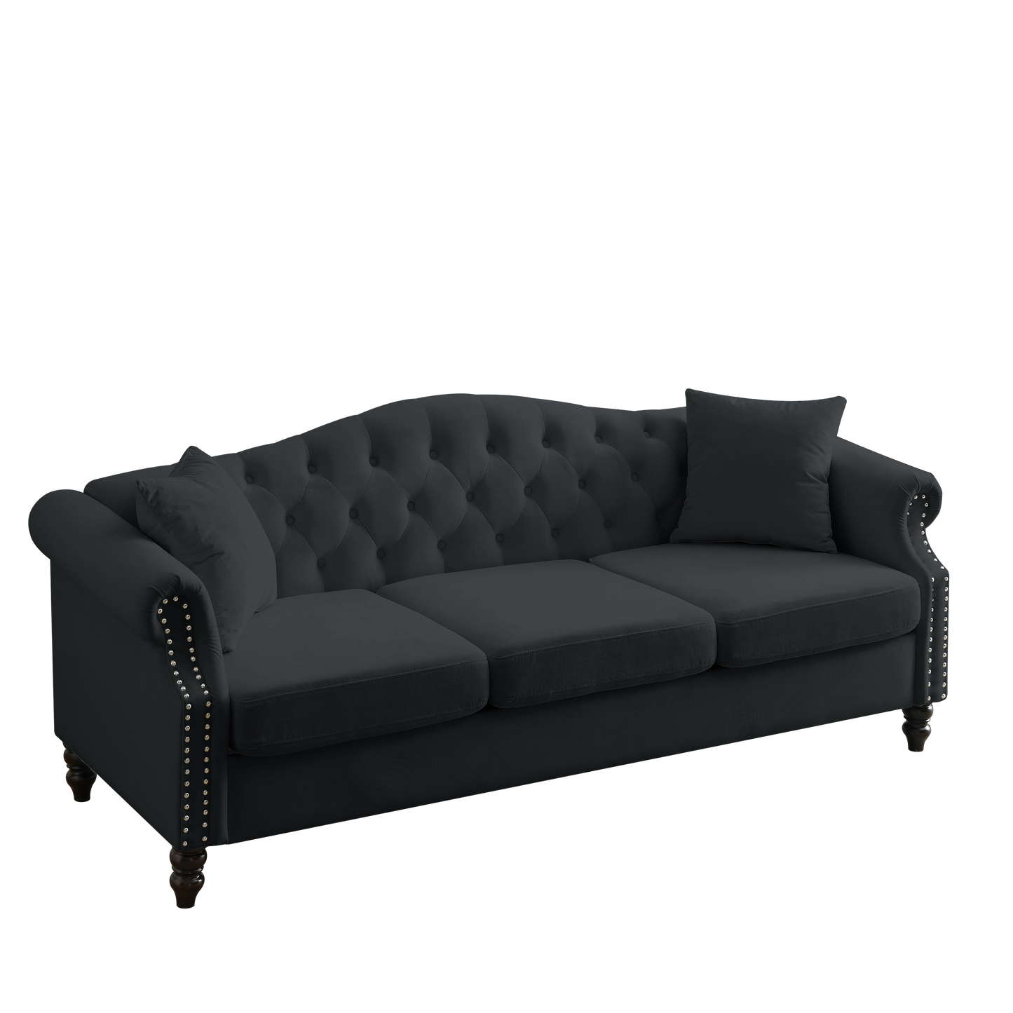 79" Chesterfield Sofa Black Velvet for Living Room, 3 Seater Sofa