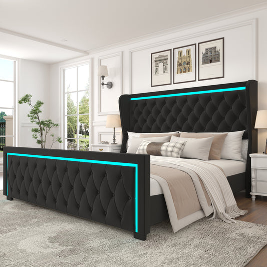 King Platform Bed Frame With High headboard, Velvet Upholstered Bed