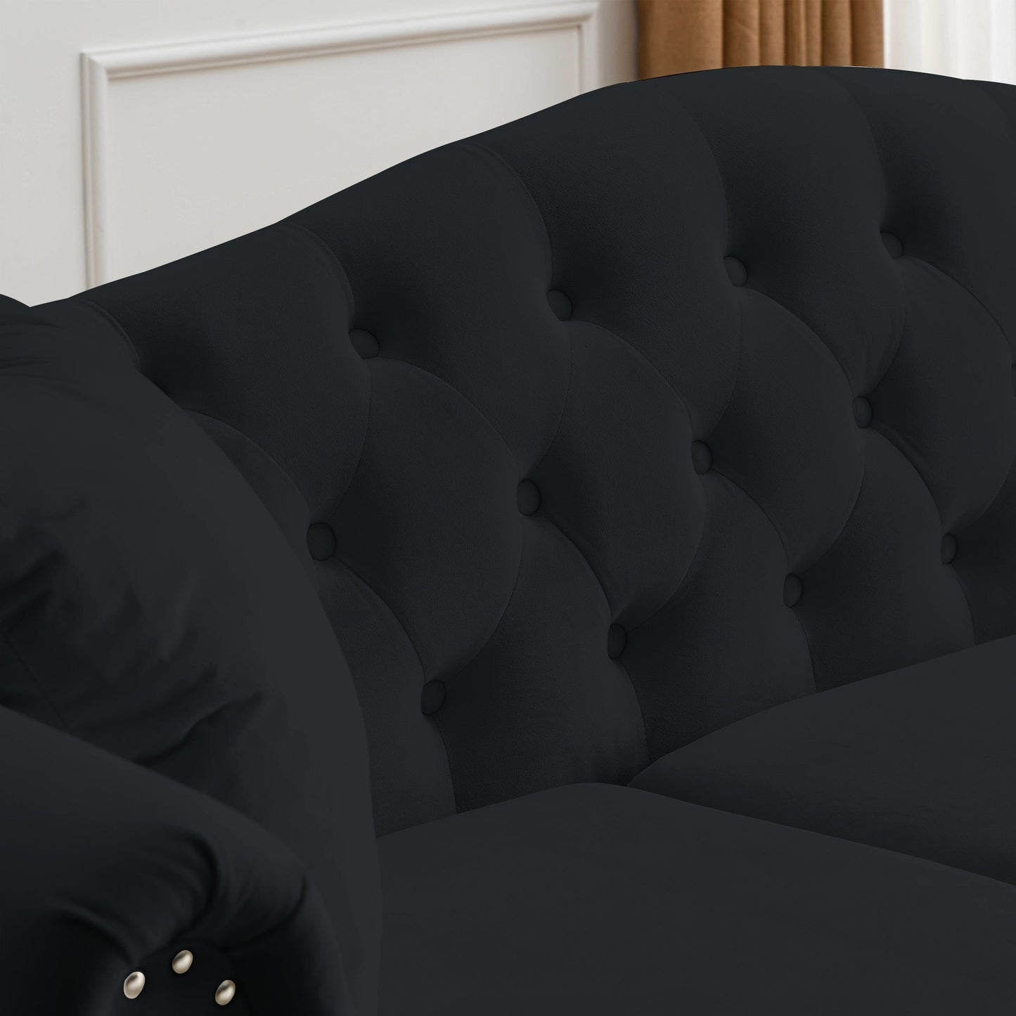 79" Chesterfield Sofa Black Velvet for Living Room, 3 Seater Sofa