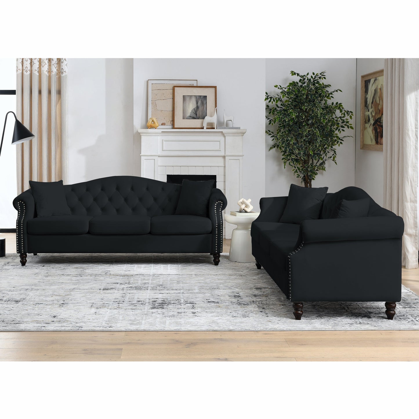 79" Chesterfield Sofa Black Velvet for Living Room, 3 Seater Sofa