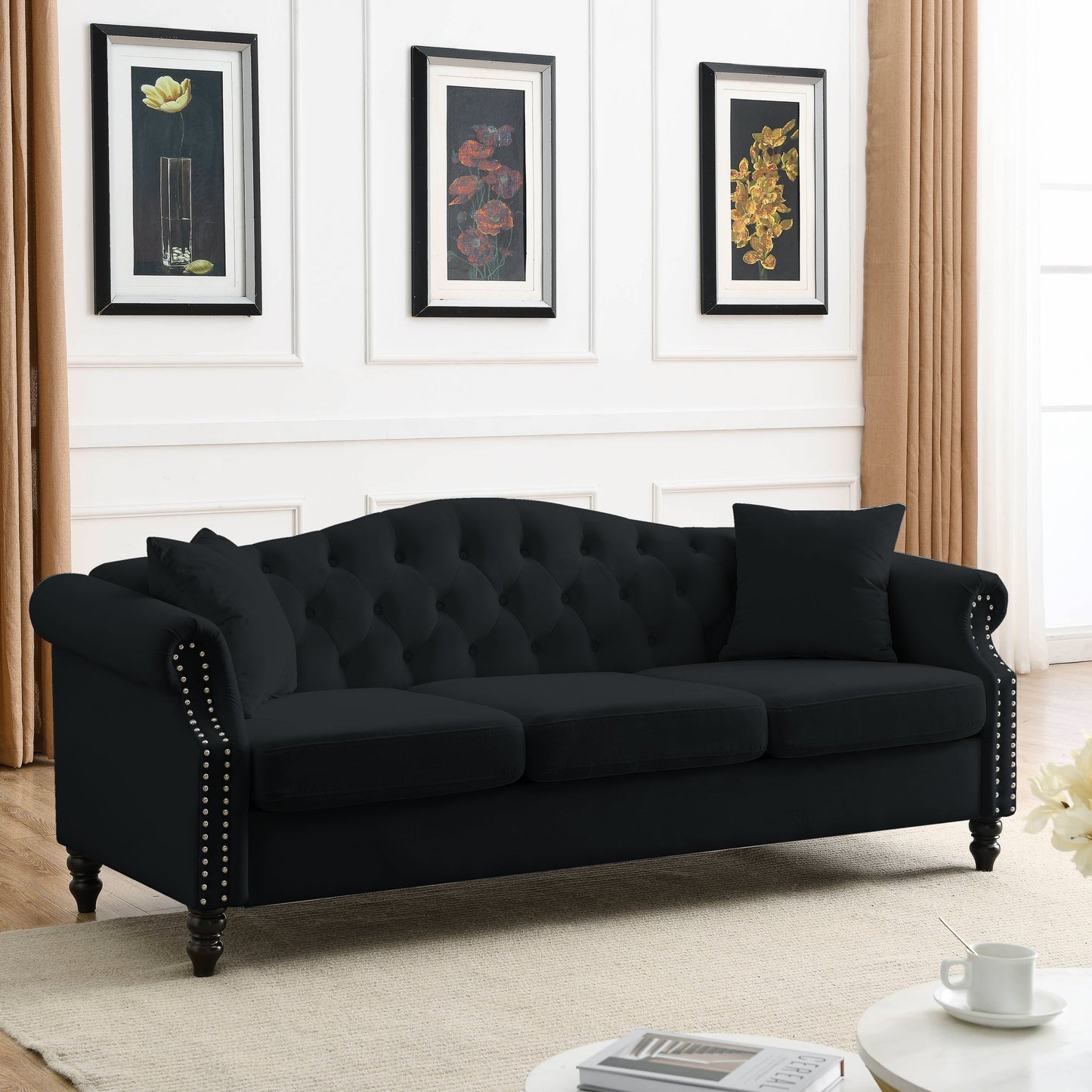 79" Chesterfield Sofa Black Velvet for Living Room, 3 Seater Sofa