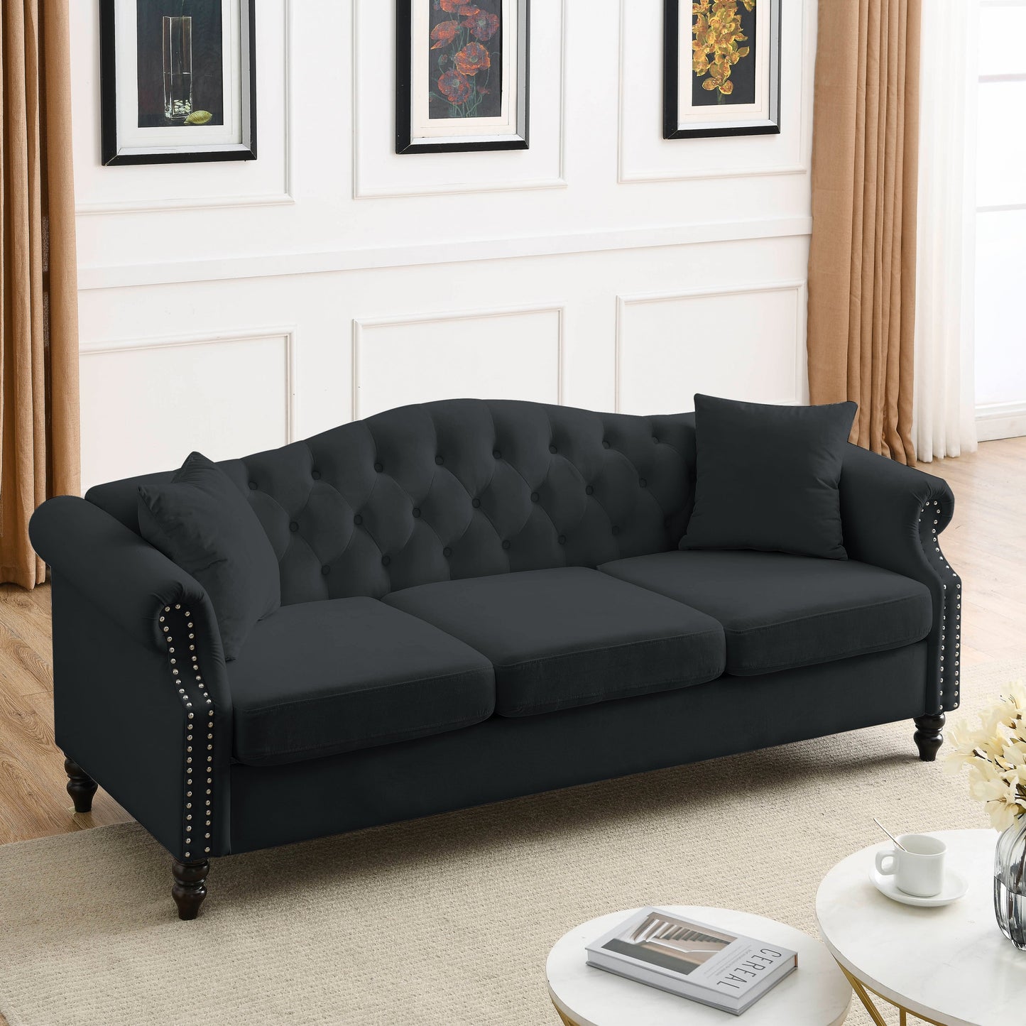 79" Chesterfield Sofa Black Velvet for Living Room, 3 Seater Sofa