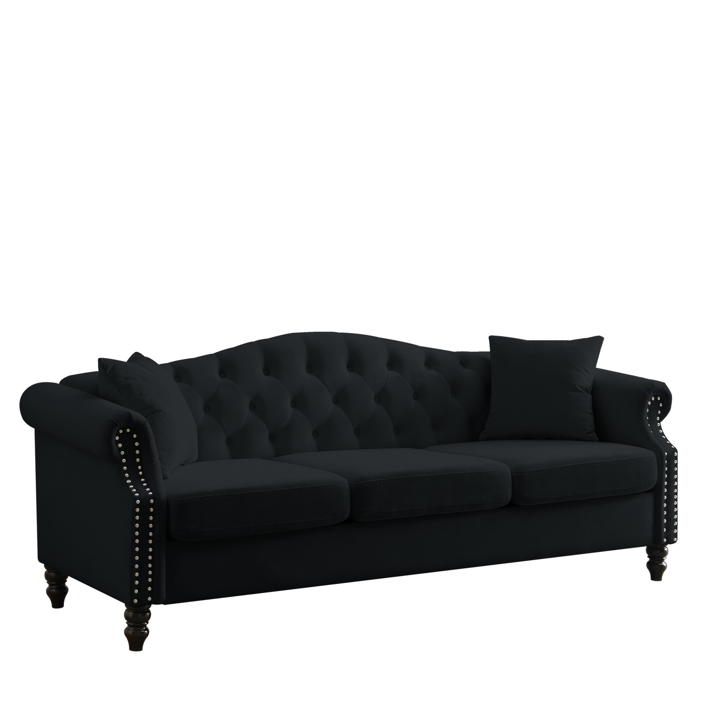 79" Chesterfield Sofa Black Velvet for Living Room, 3 Seater Sofa