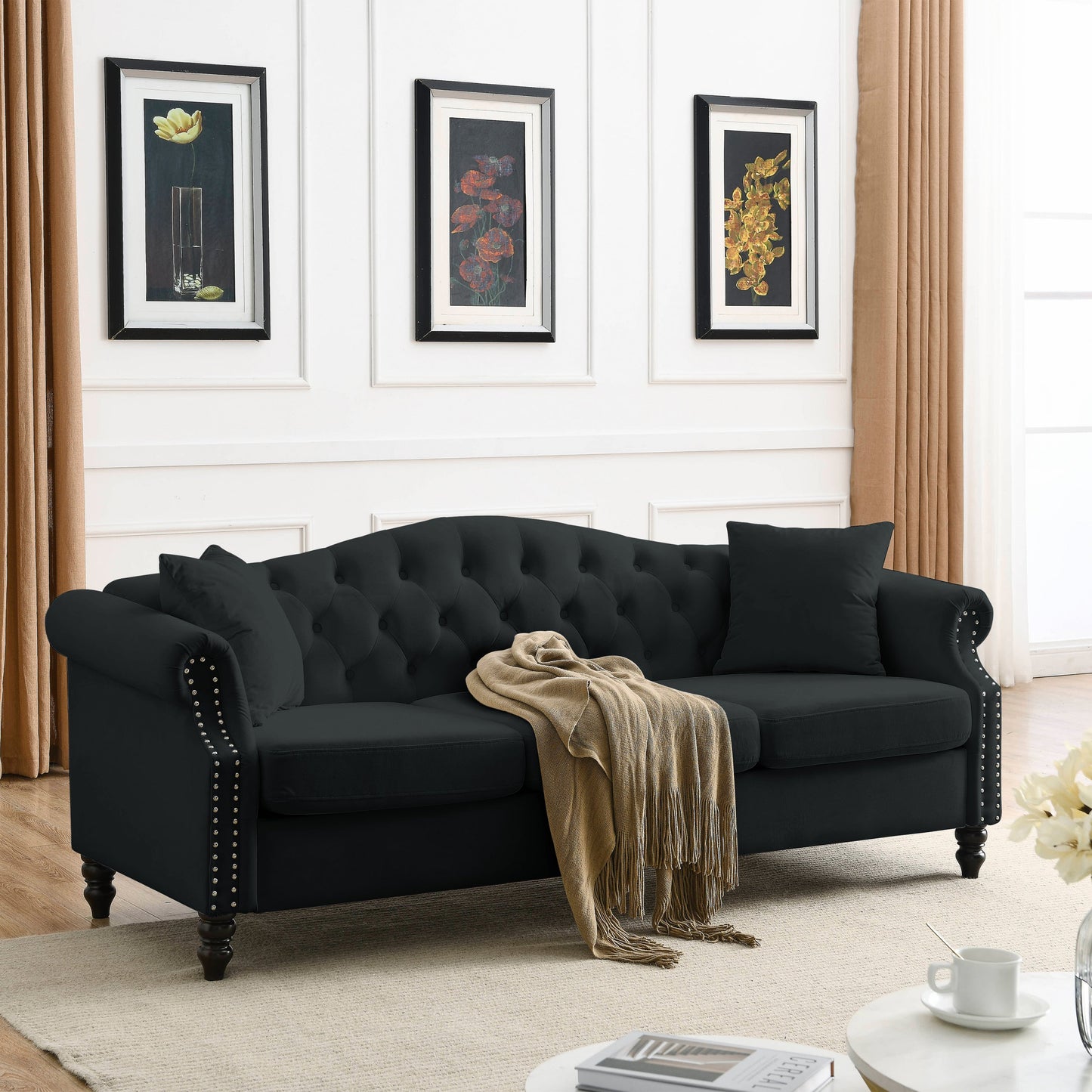 79" Chesterfield Sofa Black Velvet for Living Room, 3 Seater Sofa