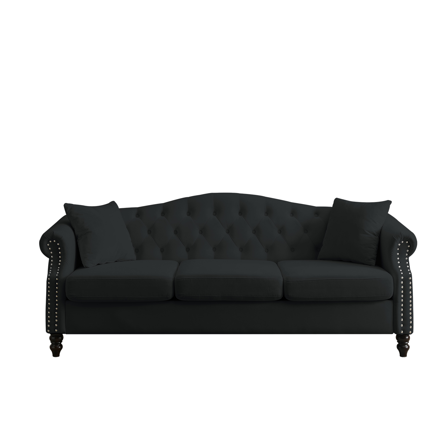 79" Chesterfield Sofa Black Velvet for Living Room, 3 Seater Sofa