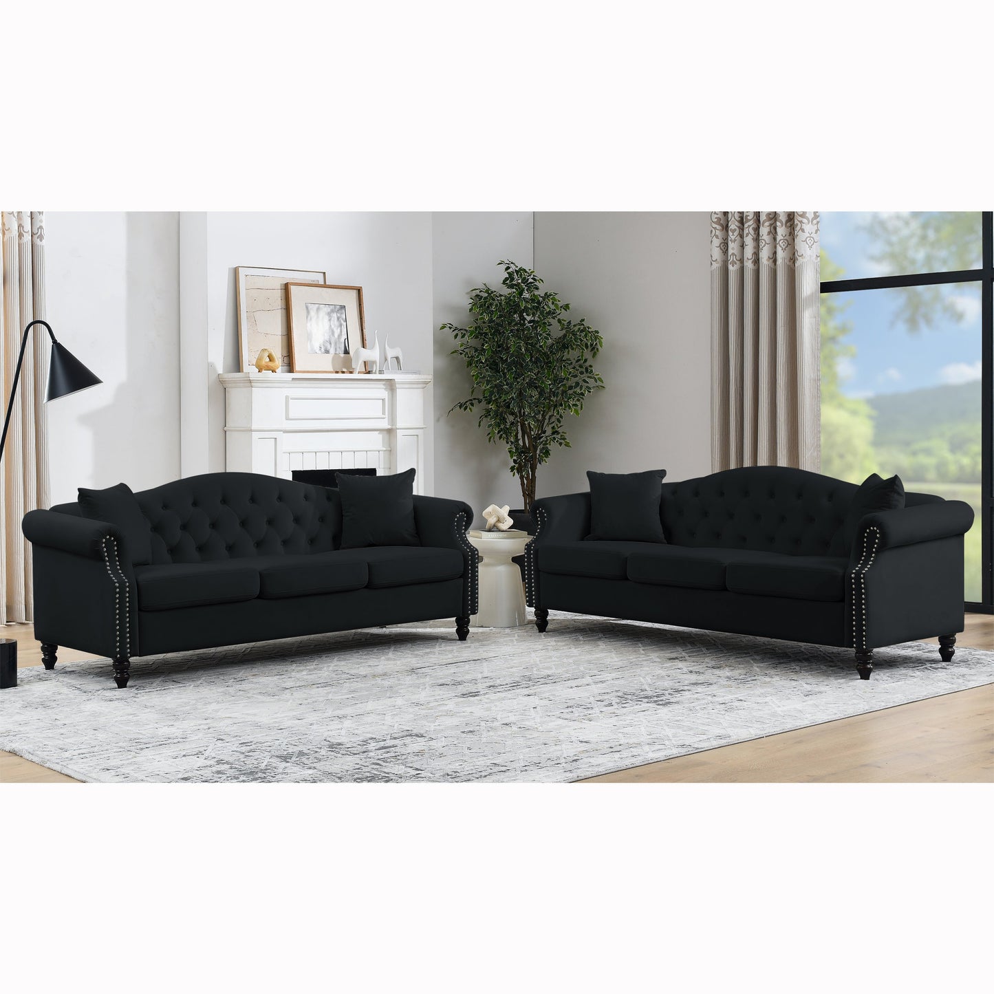 79" Chesterfield Sofa Black Velvet for Living Room, 3 Seater Sofa